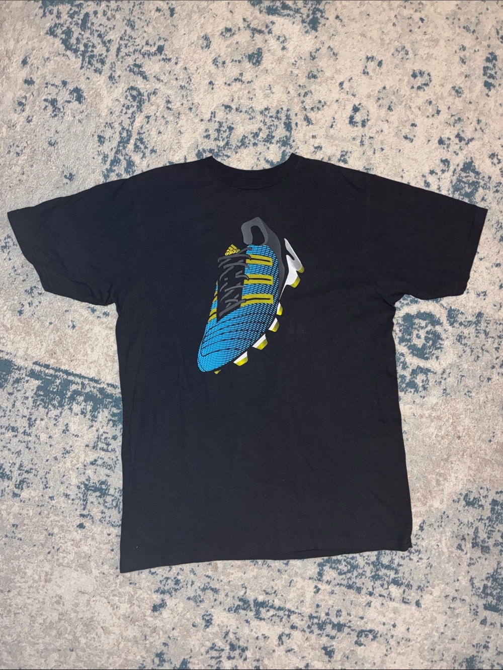 adidas Black T-Shirt with Blue & Yellow Soccer Cleat Graphic